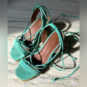 New ALOHAS Sophie Sea Ankle Wrap Block Heel Sandal 6.5 / 37